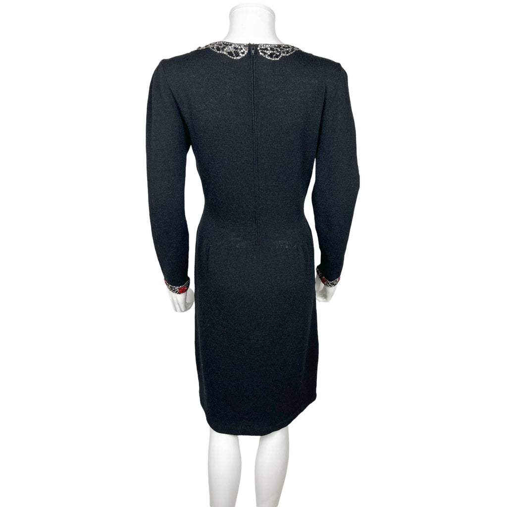 Vintage 1950s Knit Dress Beaded Sequinned Black Wool Size L