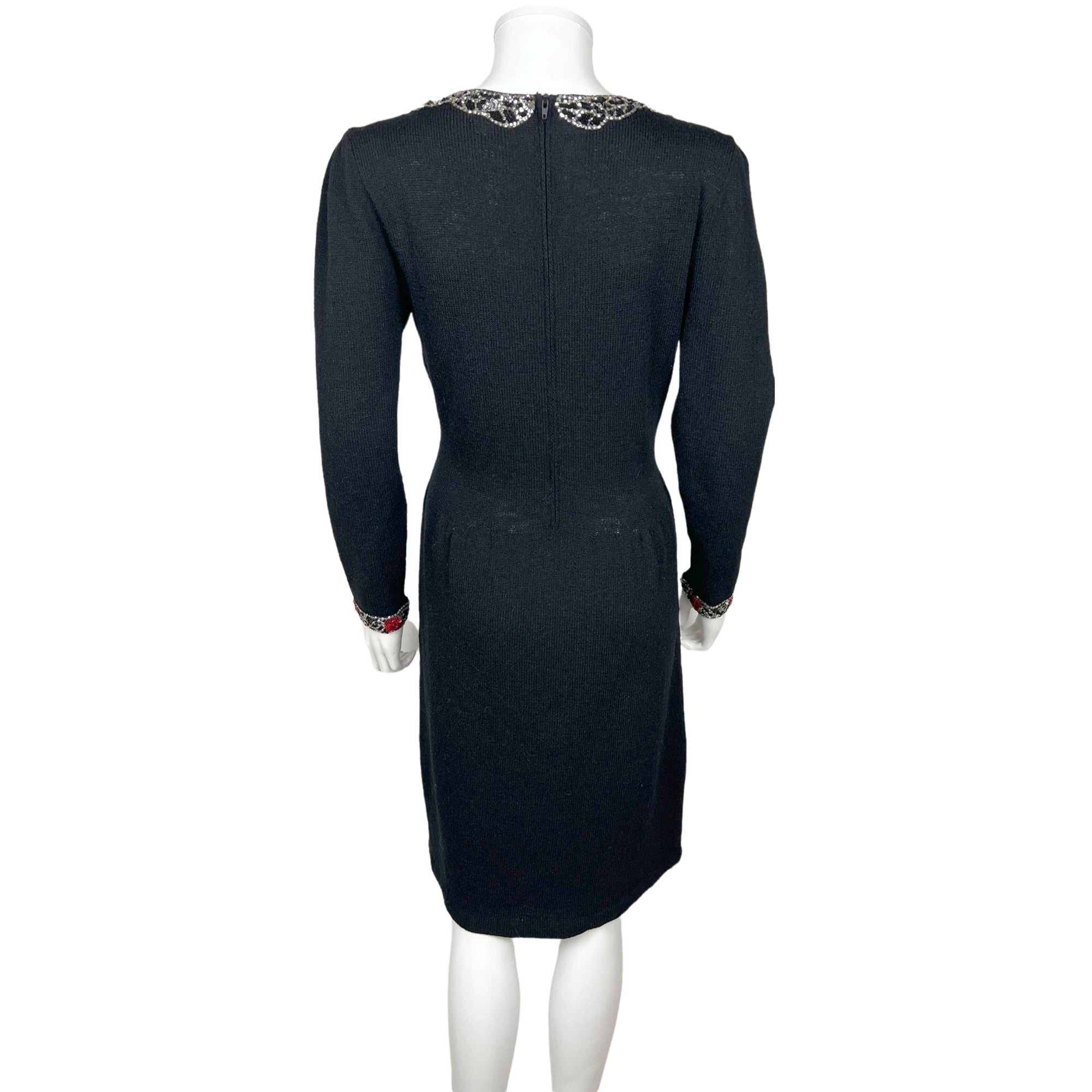 Vintage 1950s Knit Dress Beaded Sequinned Black Wool Size L
