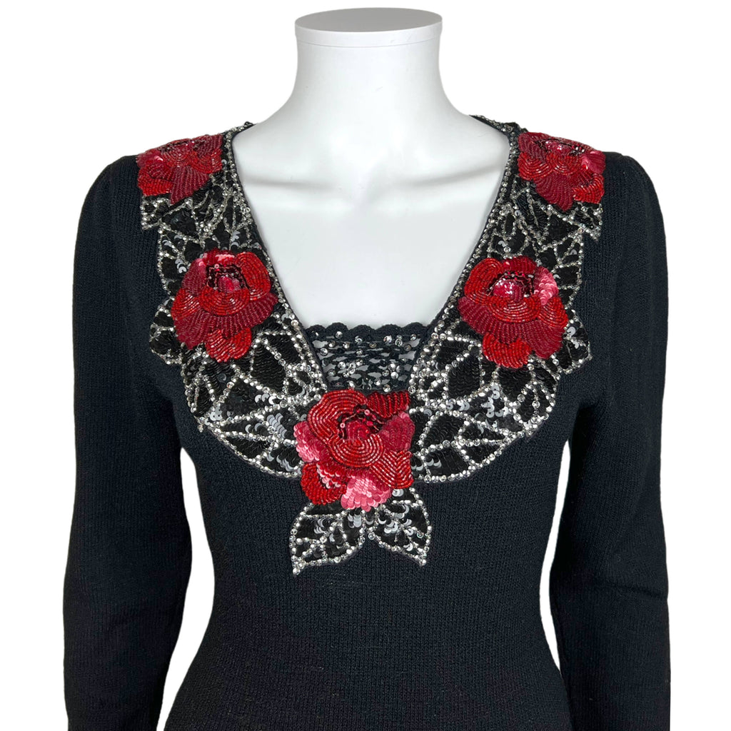 Vintage 1950s Knit Dress Beaded Sequinned Black Wool Size L