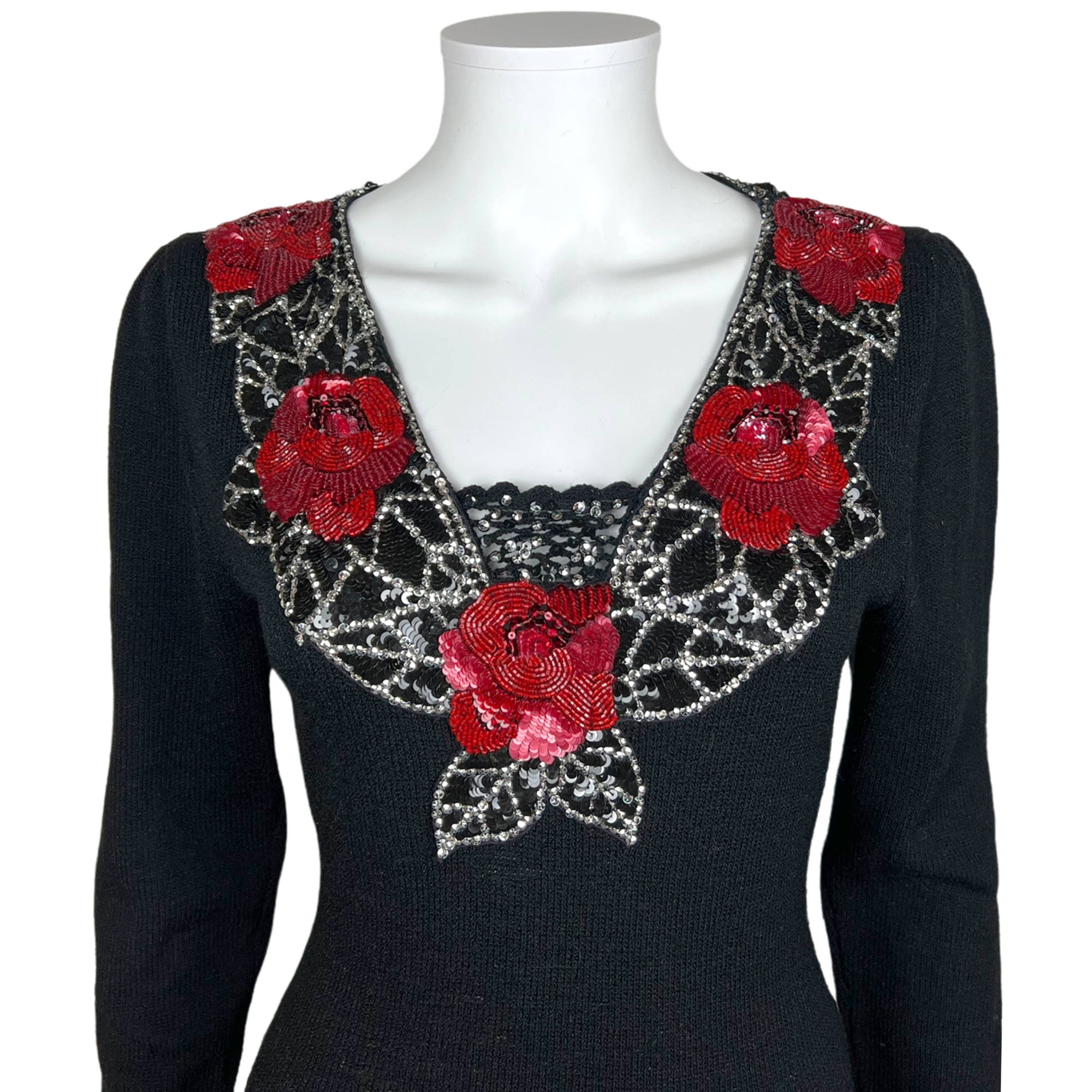 Vintage 1950s Knit Dress Beaded Sequinned Black Wool Size L