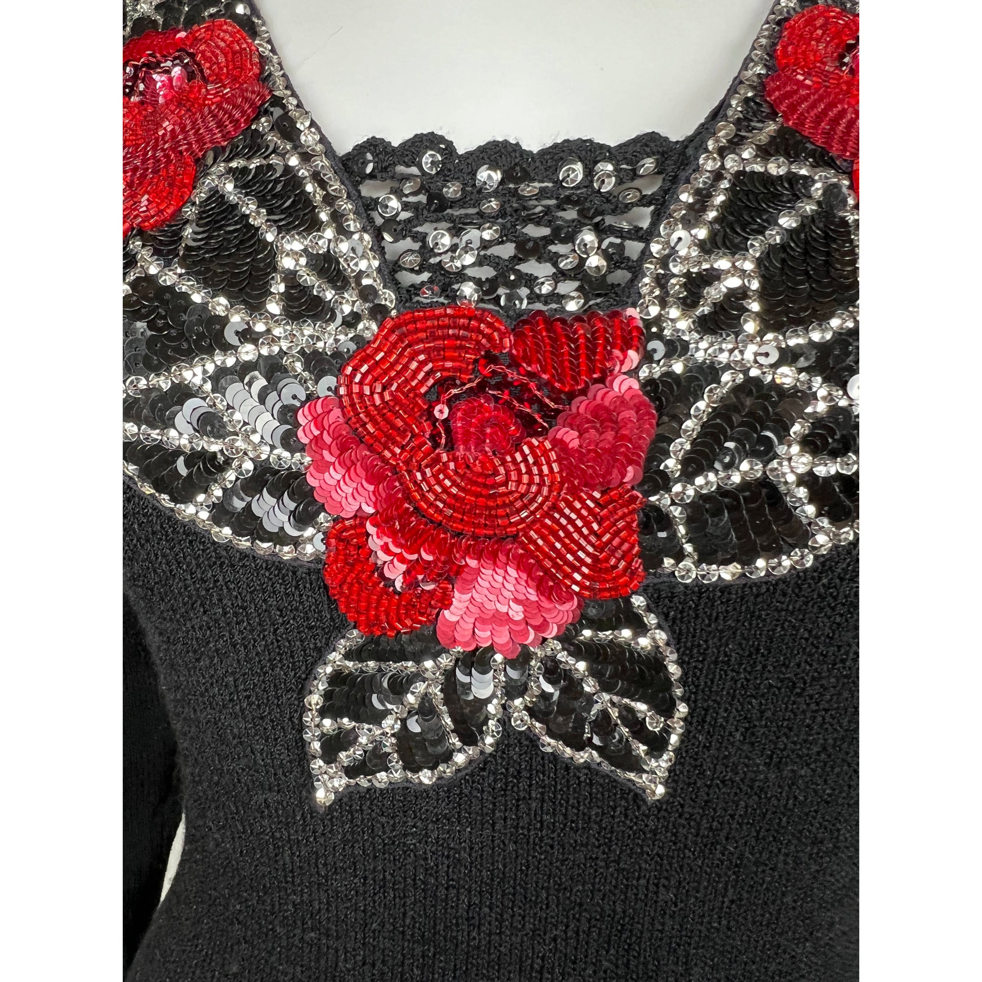 Vintage 1950s Knit Dress Beaded Sequinned Black Wool Size L