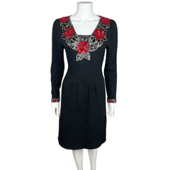 Vintage 1950s Knit Dress Beaded Sequinned Black Wool Size L