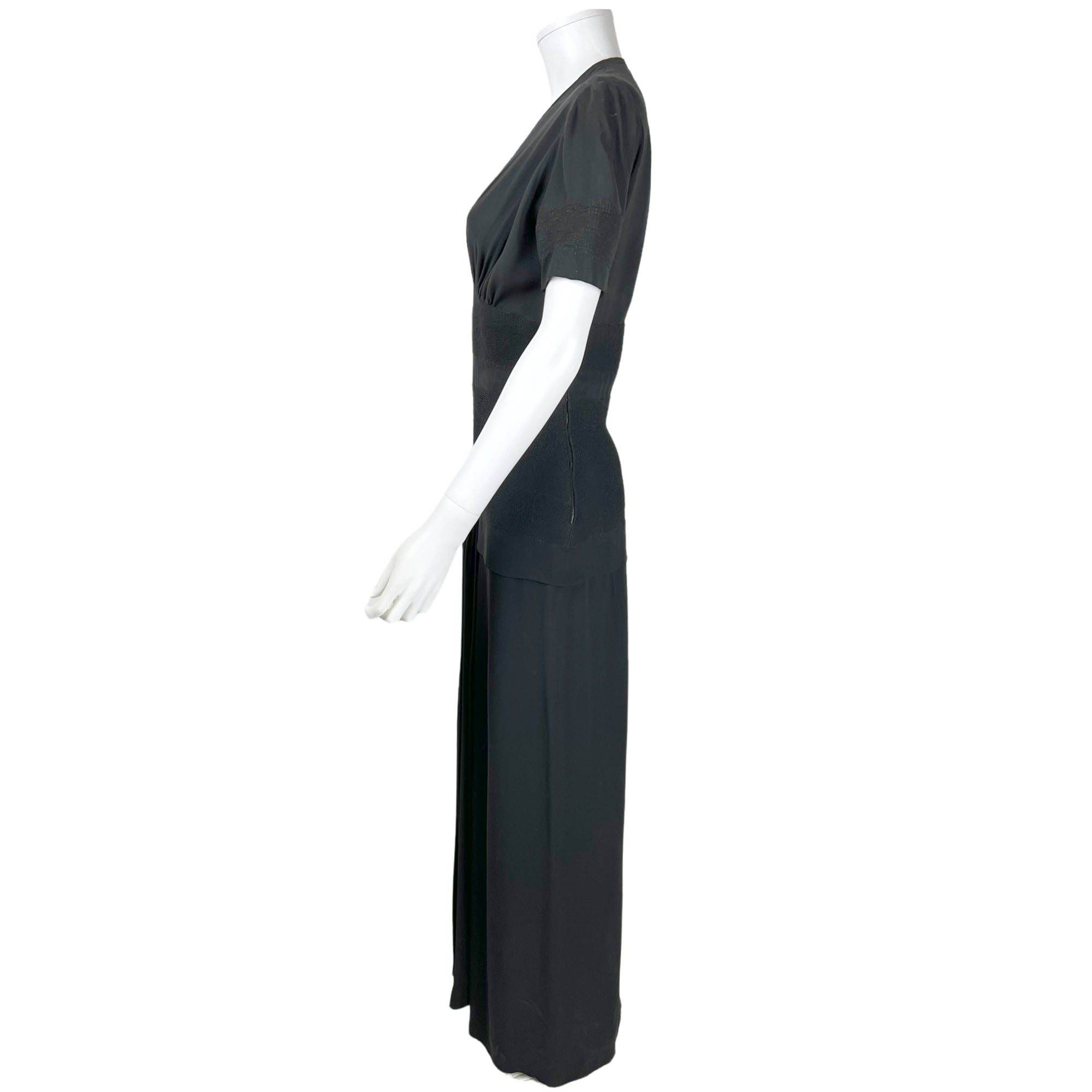 Vintage 1940s Evening Dress Black Silk Chiffon Size M L Tall