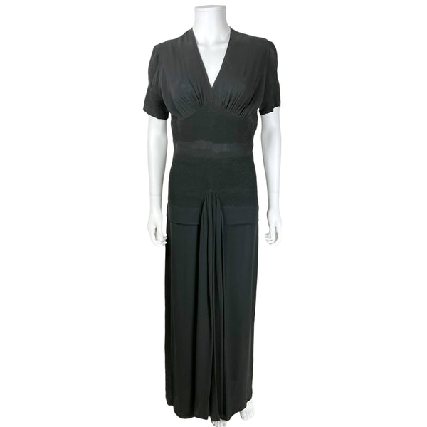 Vintage 1940s Evening Dress Black Silk Chiffon Size M L Tall
