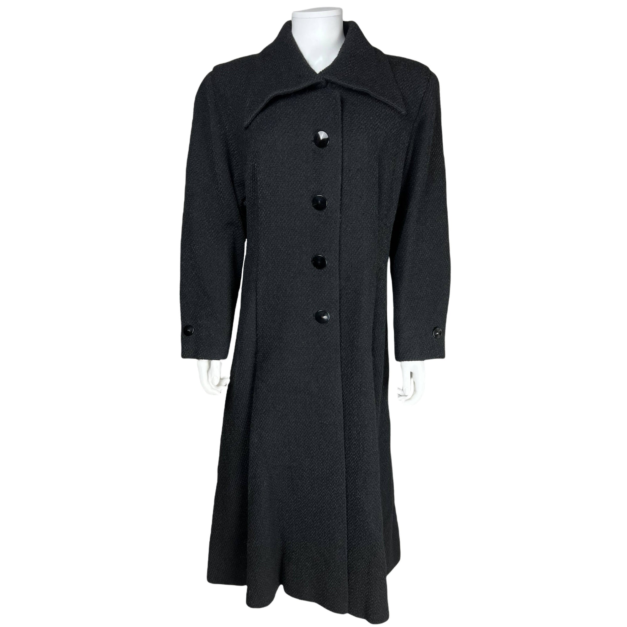 Vintage 1940s Ladies Coat Black Wool w Pointy Collar Size M