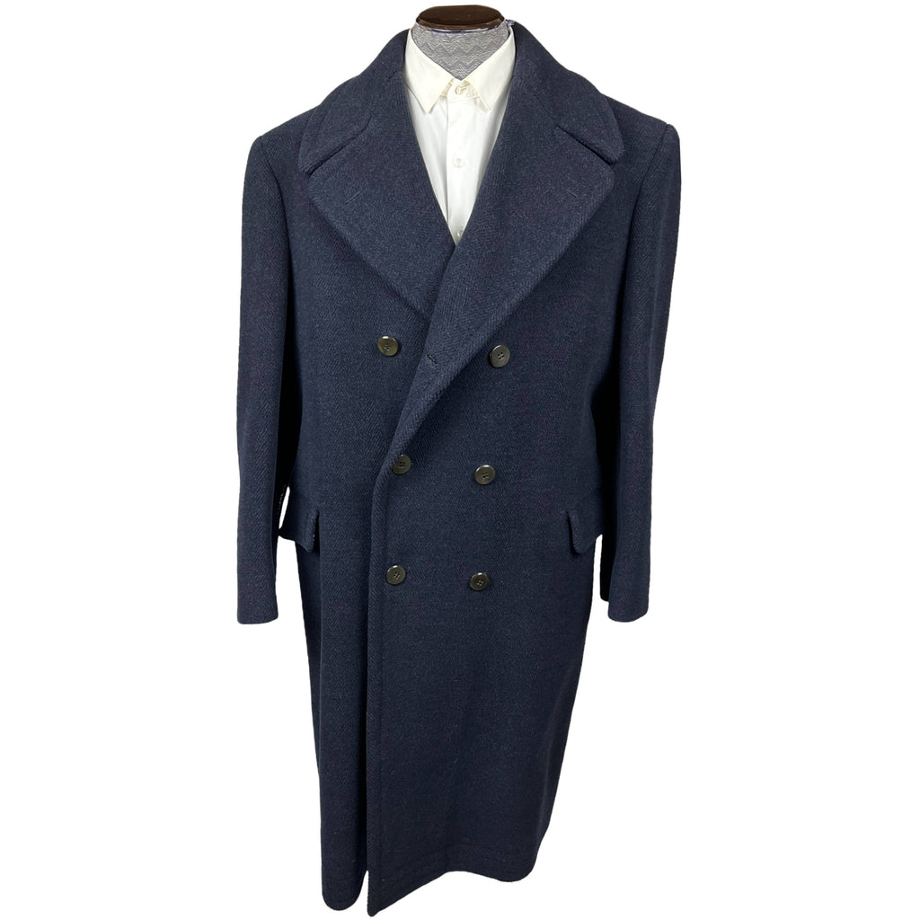 Vintage 1940s Mens Wool Coat Navy Blue Overcoat Size M L