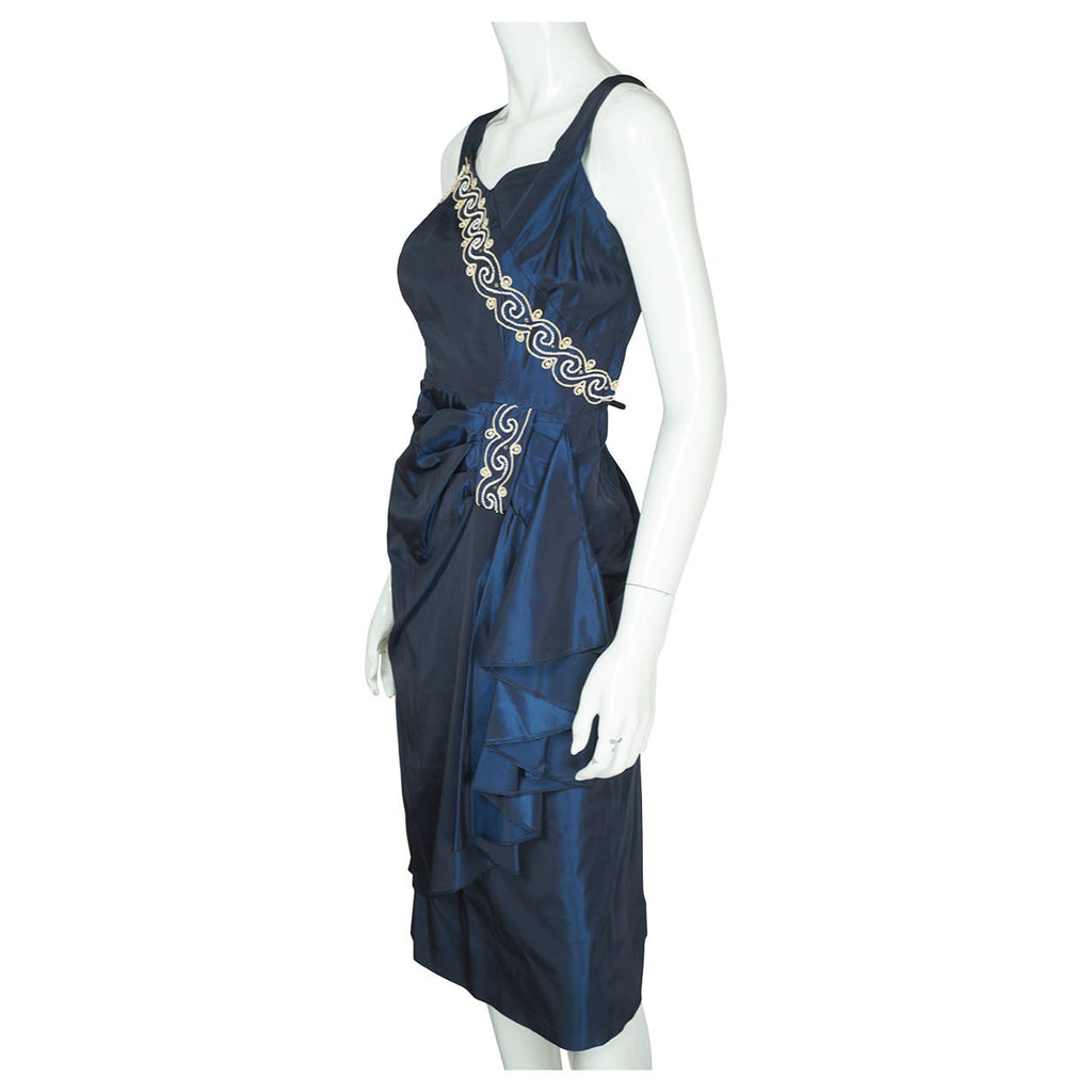 Vintage 1940s Cocktail Party Dress Beaded Blue Taffeta Size M - Poppy's Vintage Clothing