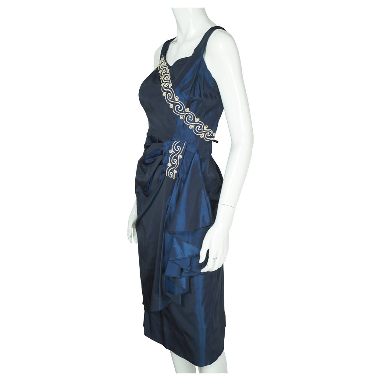 Vintage 1940s Cocktail Party Dress Beaded Blue Taffeta Size M - Poppy's Vintage Clothing