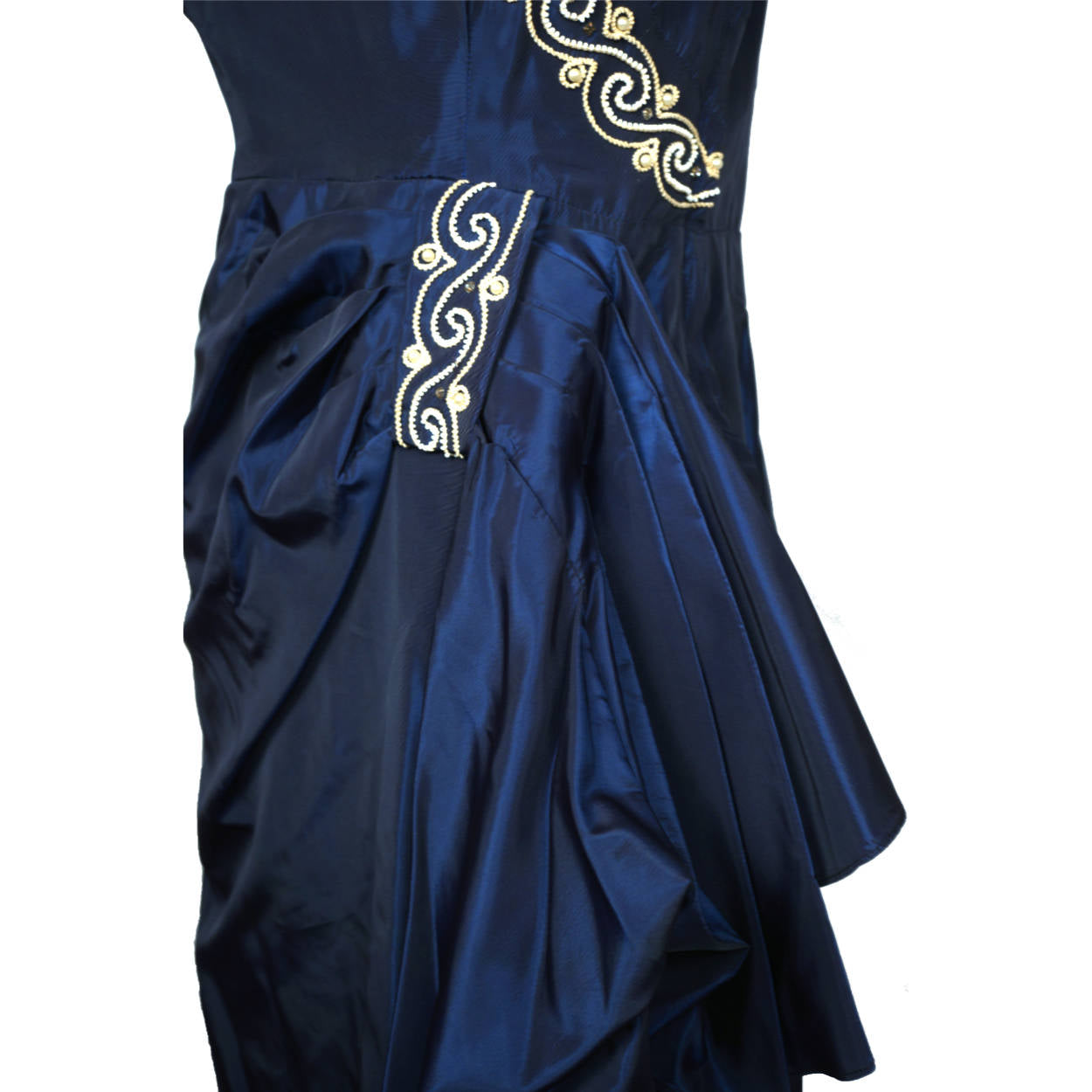 Vintage 1940s Cocktail Party Dress Beaded Blue Taffeta Size M - Poppy's Vintage Clothing
