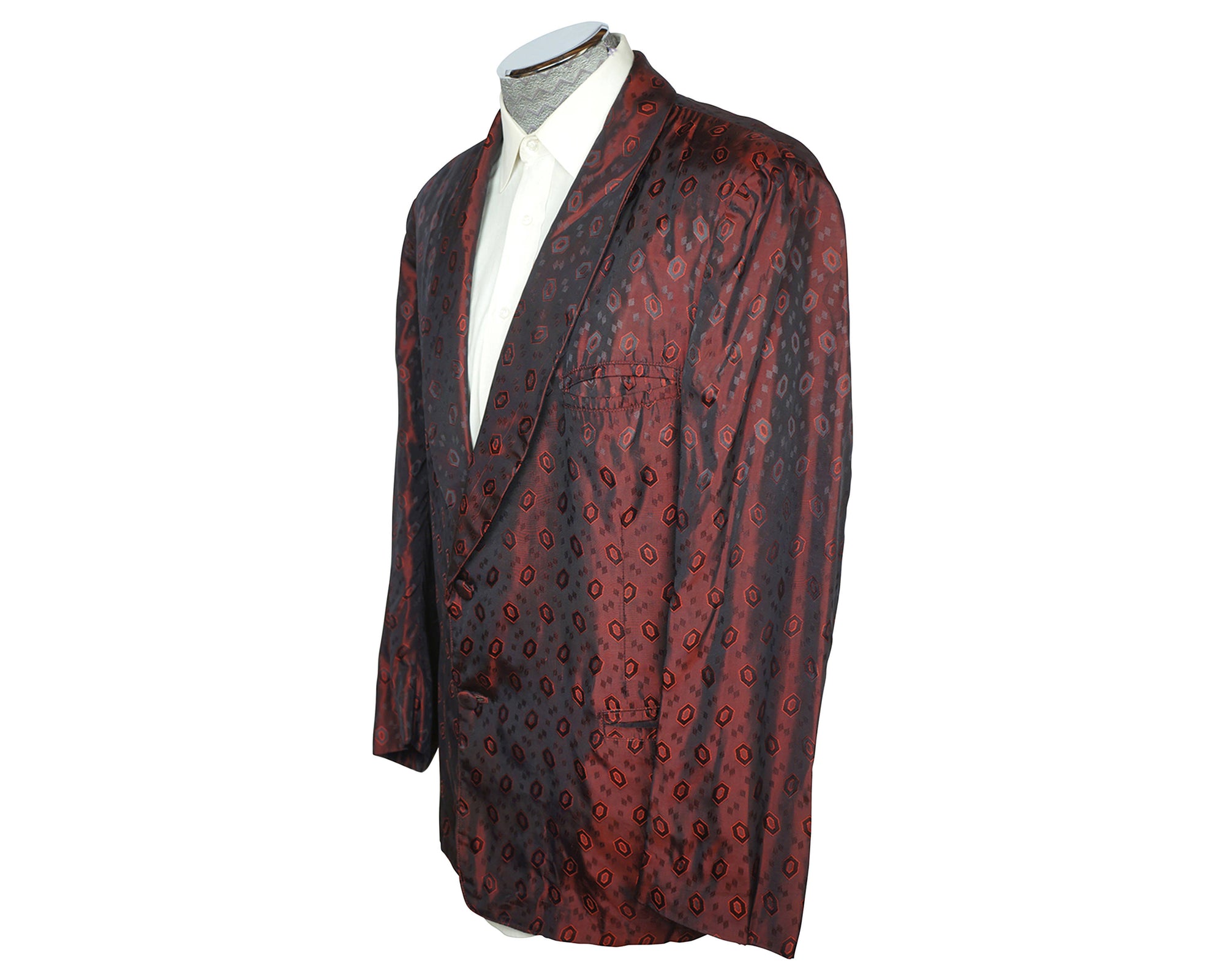 Vintage 1940s Maroon Smoking Jacket Bonnington Short Lounging Robe Mens Size Large 44 - Poppy's Vintage Clothing