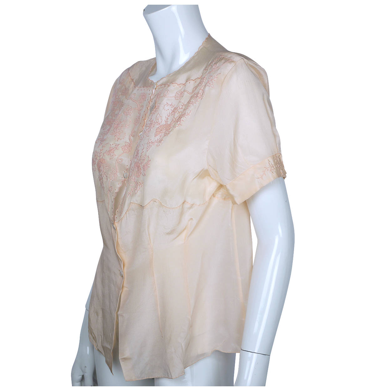 Vintage 1940s Unused Embroidered Pink Silk Blouse NOS Chinese Store Size M L - Poppy's Vintage Clothing