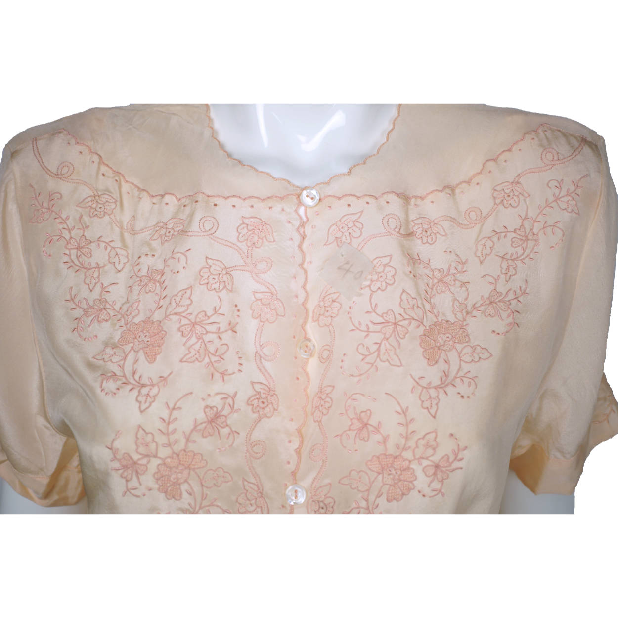 Vintage 1940s Unused Embroidered Pink Silk Blouse NOS Chinese Store Size M L - Poppy's Vintage Clothing