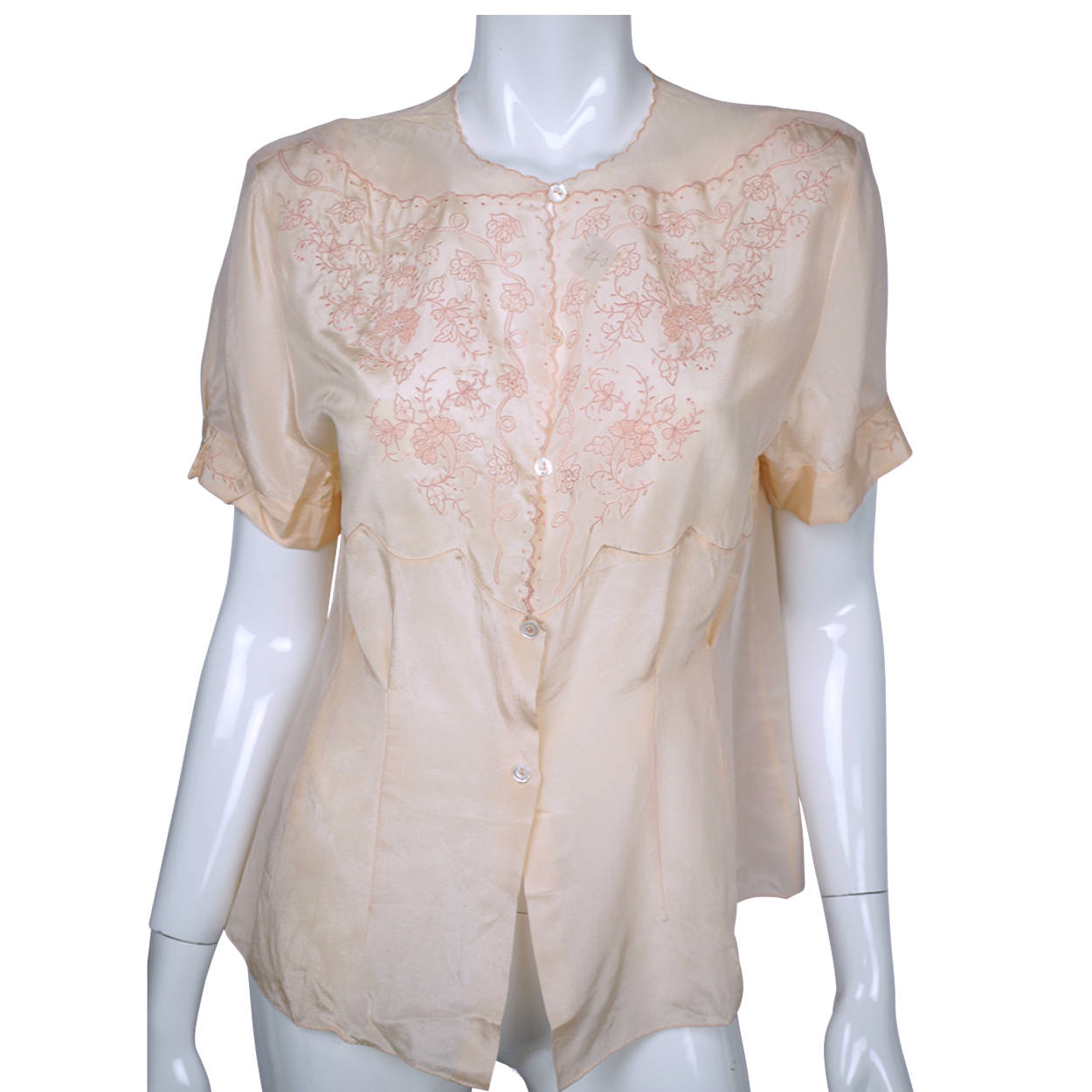 Vintage 1940s Unused Embroidered Pink Silk Blouse NOS Chinese Store Size M L - Poppy's Vintage Clothing