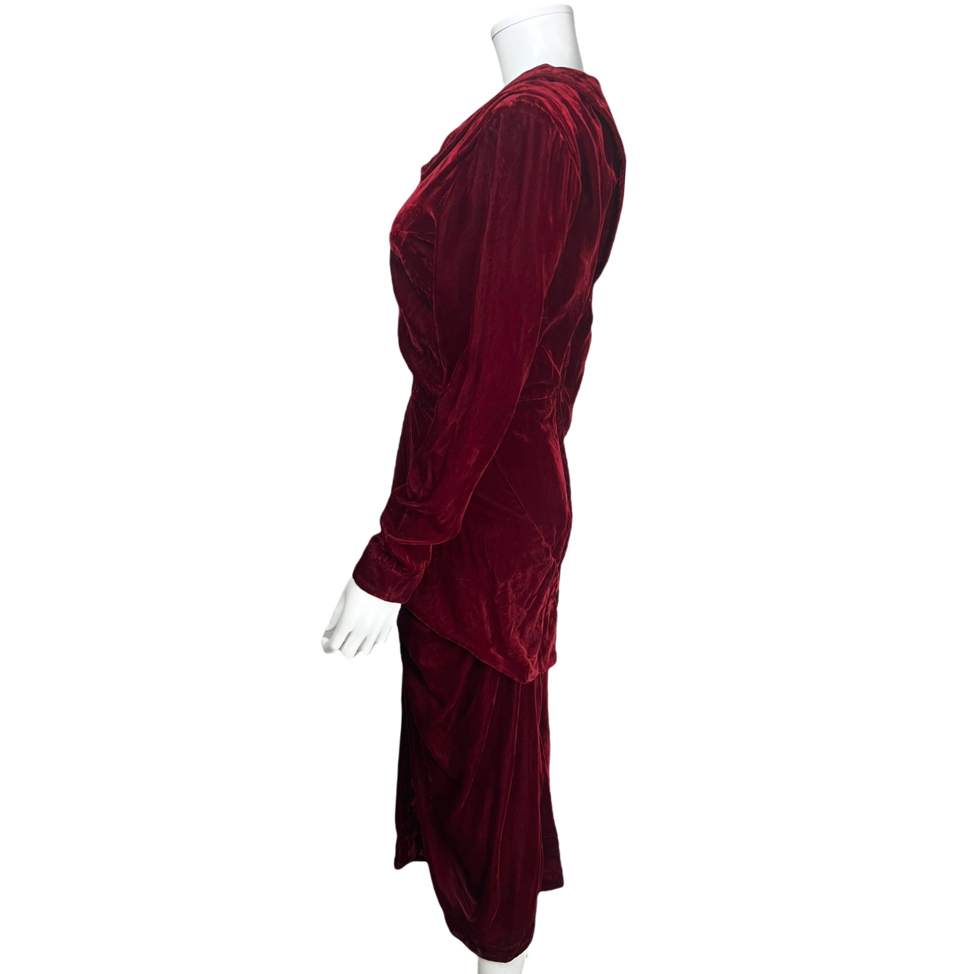 Vintage 1940s Velvet Evening Gown Claret Red Dress Size S