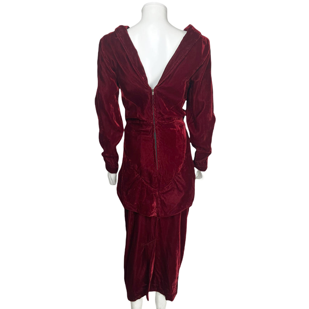 Vintage 1940s Velvet Evening Gown Claret Red Dress Size S