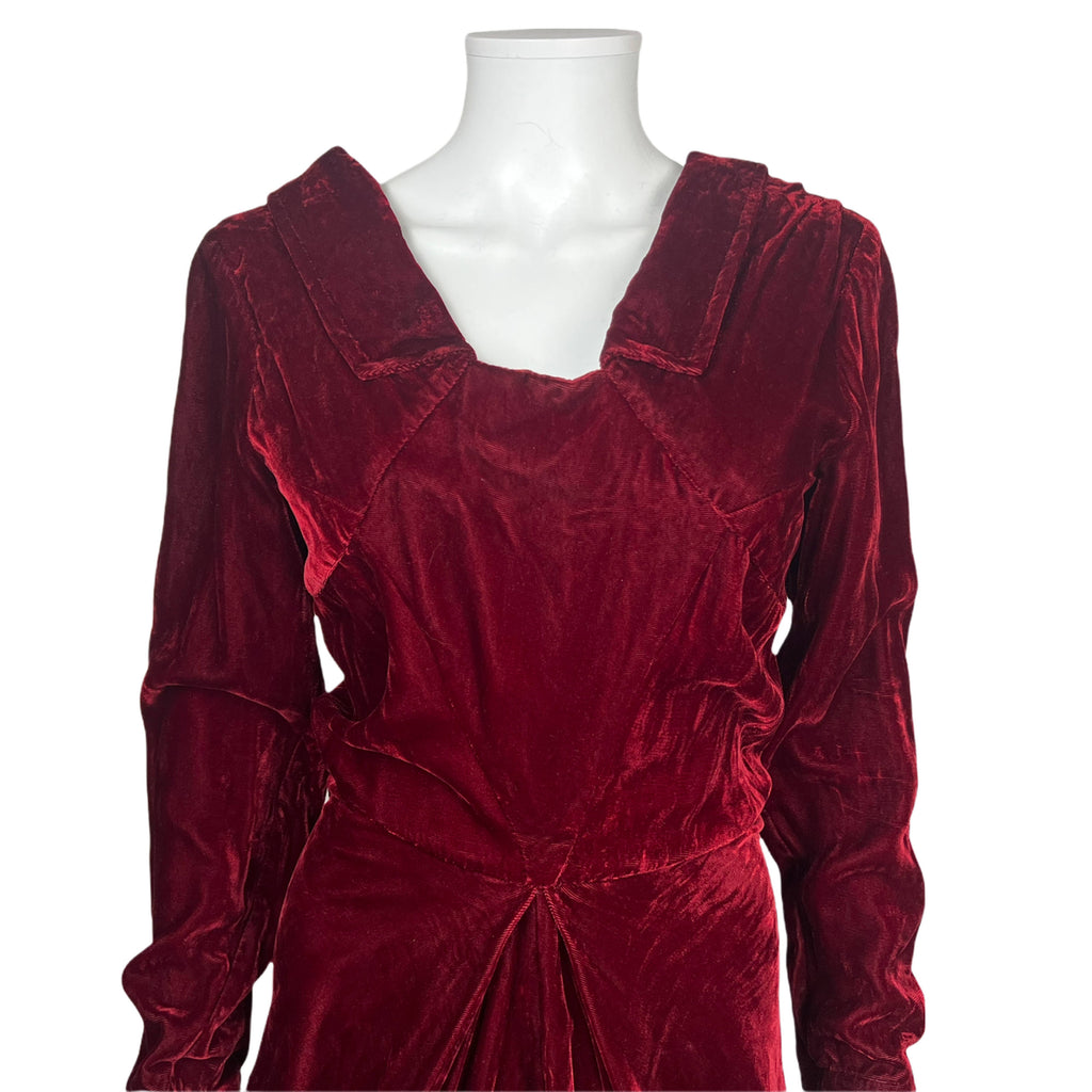 Vintage 1940s Velvet Evening Gown Claret Red Dress Size S