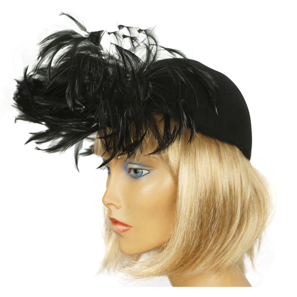 Vintage 1940s Cocktail Hat Black Felt Fascinator - Poppy's Vintage Clothing