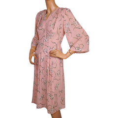 Vintage 1940s Day Dress Floral Printed Pink Silk Chiffon Size M - Poppy's Vintage Clothing