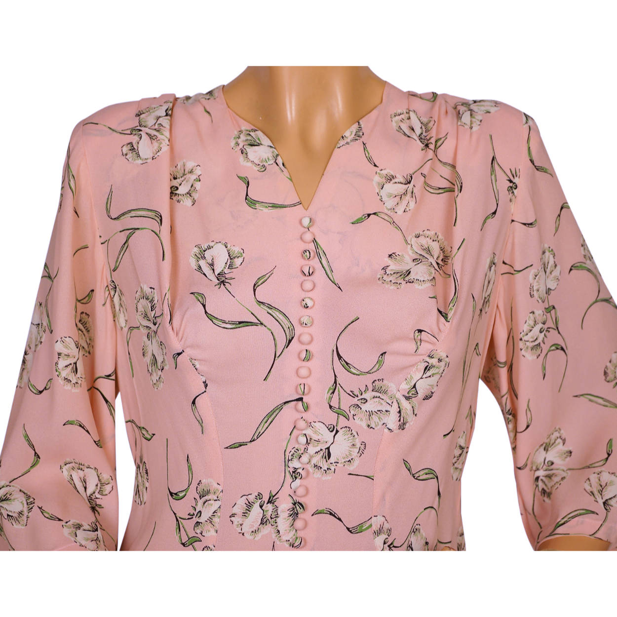 Vintage 1940s Day Dress Floral Printed Pink Silk Chiffon Size M - Poppy's Vintage Clothing