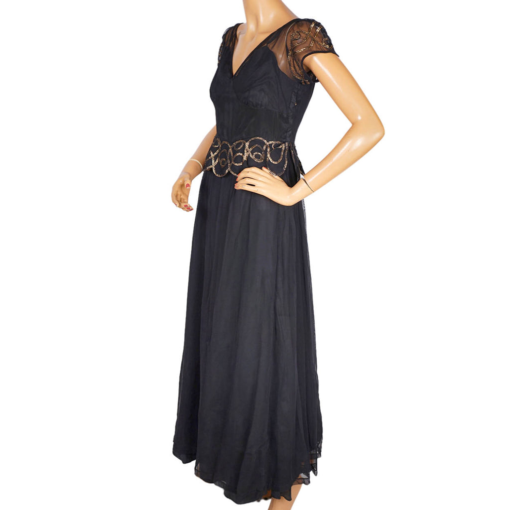 Vintage 1930s Evening Gown Black Tulle with Gold Braid Long Dress Size M - Poppy's Vintage Clothing