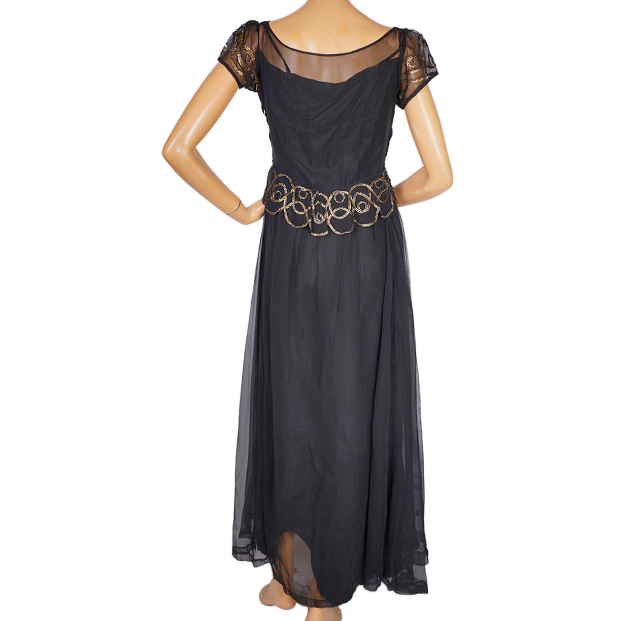 Vintage 1930s Evening Gown Black Tulle with Gold Braid Long Dress Size M - Poppy's Vintage Clothing