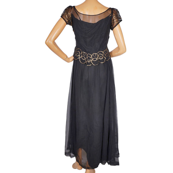 Vintage 1930s Evening Gown Black Chiffon Long Dress Size Large