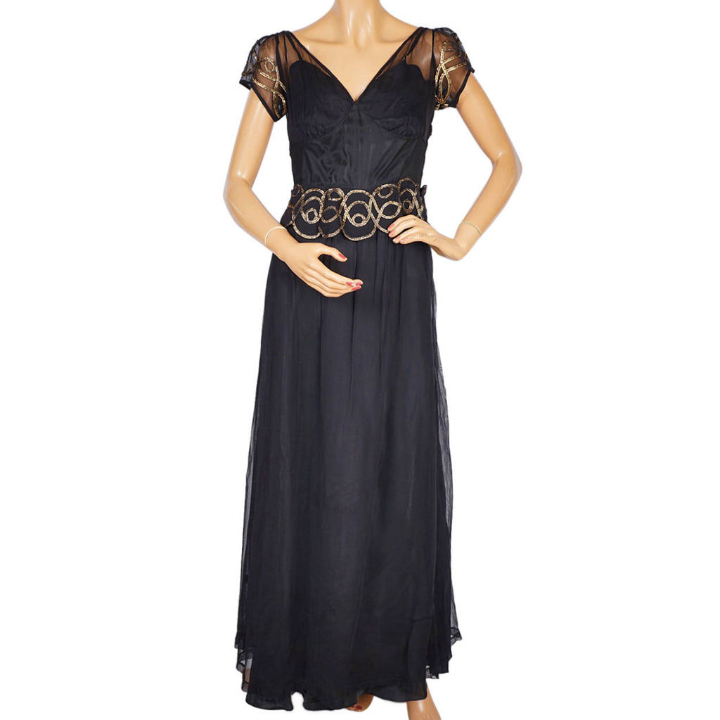 Vintage 1930s Evening Gown Black Tulle with Gold Braid Long Dress Size M - Poppy's Vintage Clothing