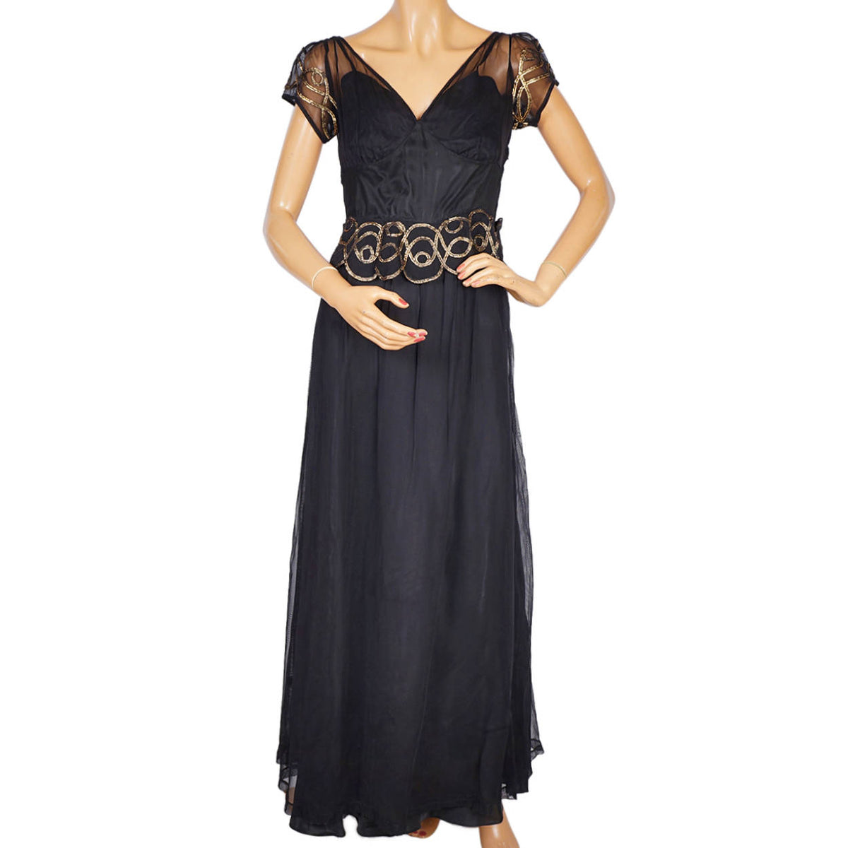 1930s cocktail dresses Vintage Evening Gown Black Tulle with Gold Braid Long Dress Size M (All measurements in cm pcat-6 Finish:Navy Blue Maurices Plus Size Women's