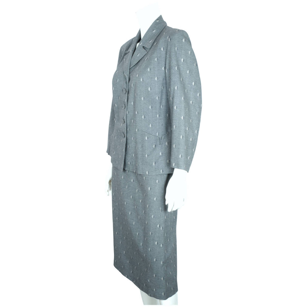Vintage 1940s 50s Ladies Skirt Suit Silver Grey Wool Size L XL 36” Waist - Poppy's Vintage Clothing