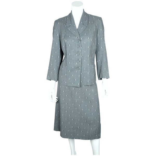 Vintage 1940s 50s Ladies Skirt Suit Silver Grey Wool Size L XL 36” Waist - Poppy's Vintage Clothing