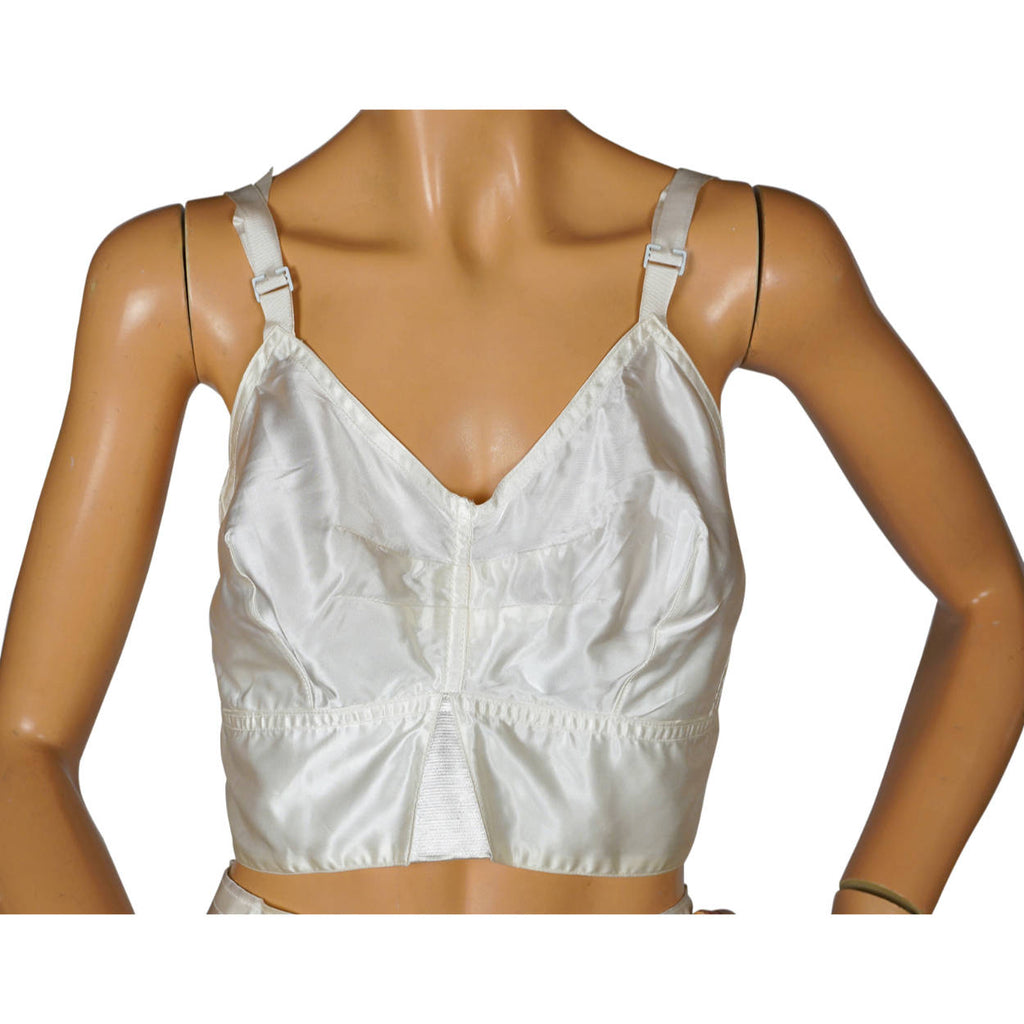 Vintage 1940s Pinup Bra Unused White Satin Lace Up Back Brassiere 36 - Poppy's Vintage Clothing