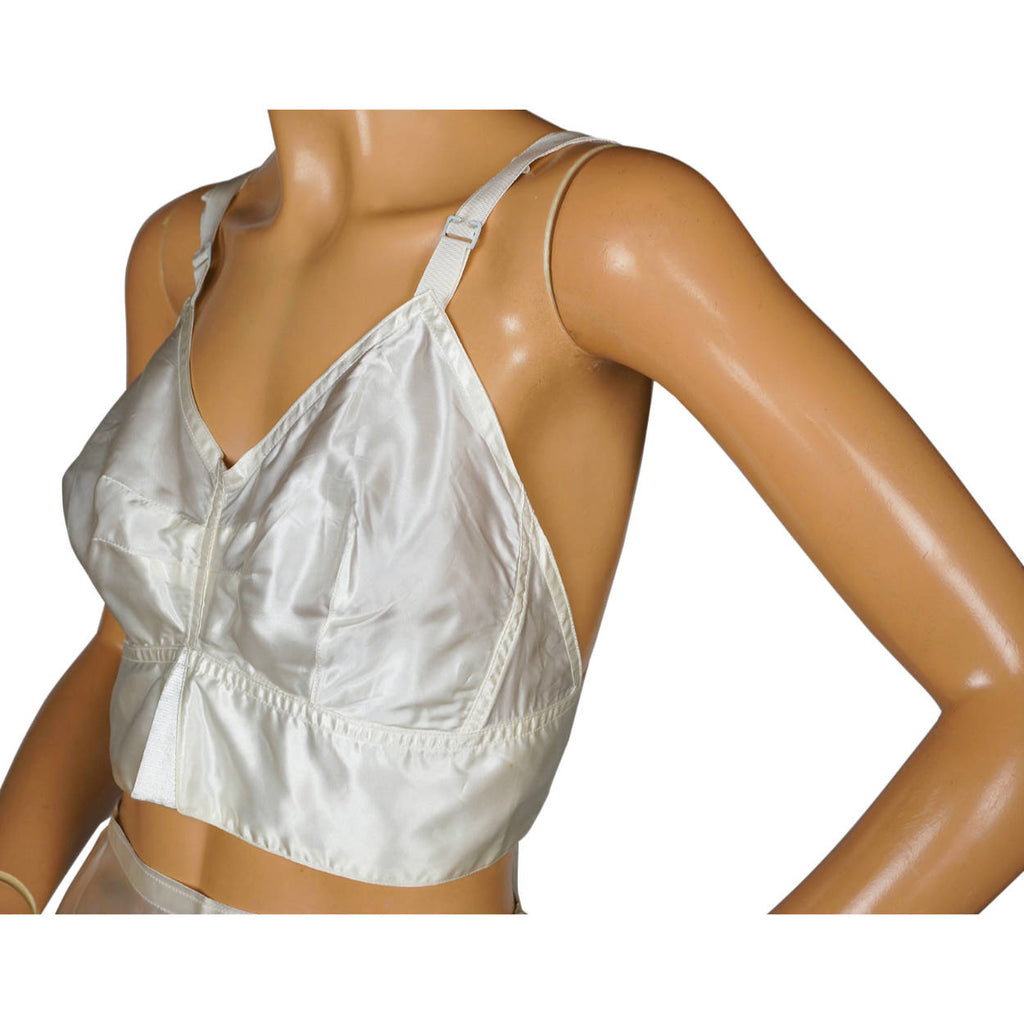 Vintage 1940s Pinup Bra Unused White Satin Lace Up Back Brassiere 36 - Poppy's Vintage Clothing