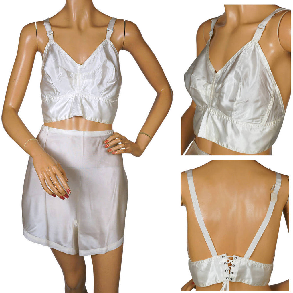 Vintage 1940s Pinup Bra Unused White Satin Lace Up Back Brassiere 36 - Poppy's Vintage Clothing