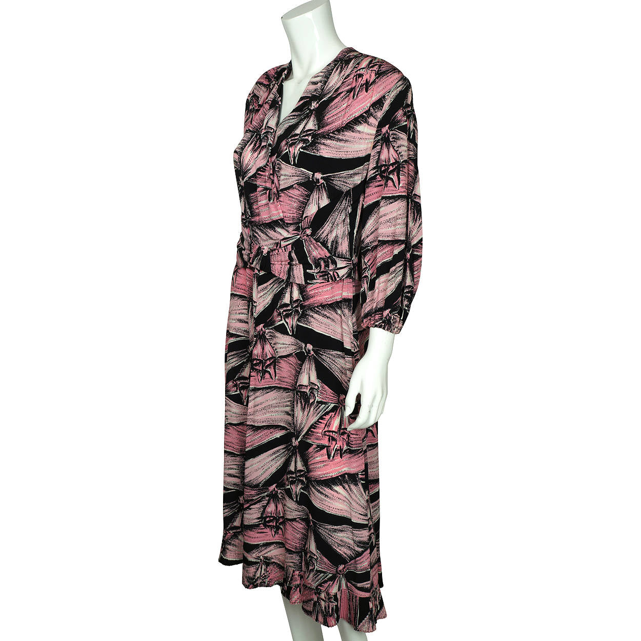 Vintage 1940s Dress Pink Bow Pattern Printed Silk Crepe Size L - Poppy's Vintage Clothing
