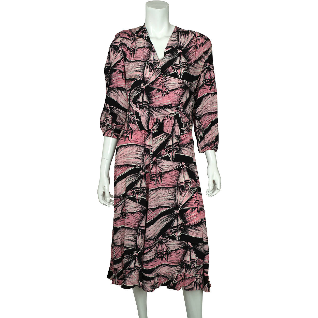 Vintage 1940s Dress Pink Bow Pattern Printed Silk Crepe Size L - Poppy's Vintage Clothing
