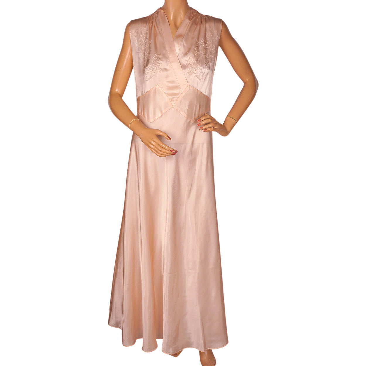 Vintage 1940s Silk Nightgown Pink Nightie w Embroidered Flowers Size M L - Poppy's Vintage Clothing