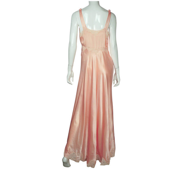 Vintage 1940s Nightie Pink Satin Nightgown with Train & Lace Trim Size M