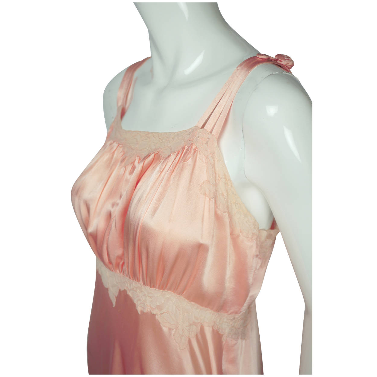 Vintage 1940s Nightie Pink Satin Nightgown with Train & Lace Trim Size M - Poppy's Vintage Clothing