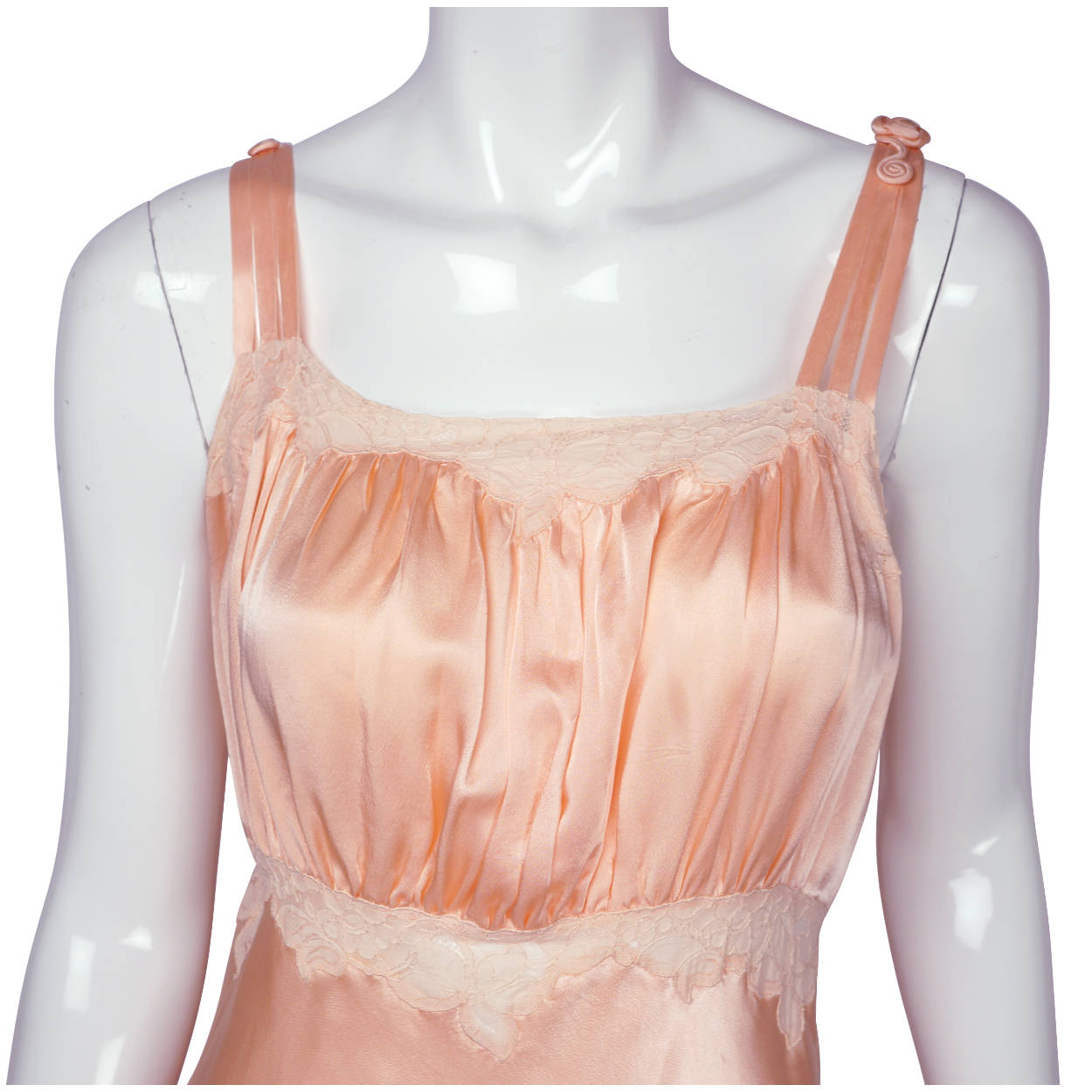 Vintage 1940s Nightie Pink Satin Nightgown with Train & Lace Trim Size M - Poppy's Vintage Clothing