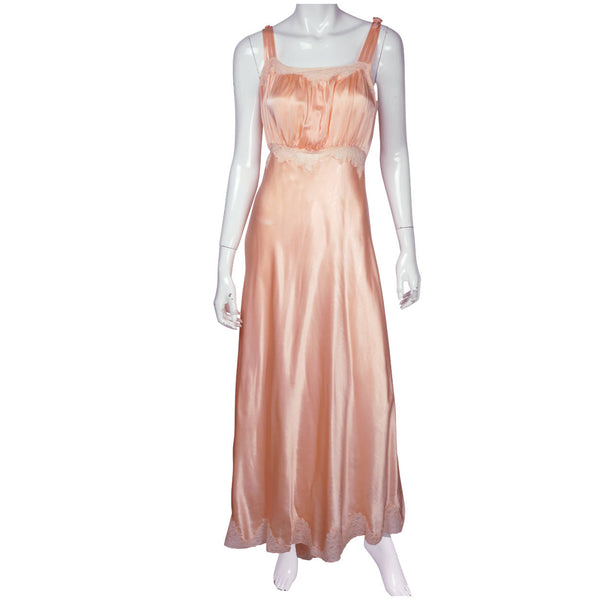 Vintage 1940s Nightie Pink Satin Nightgown with Train & Lace Trim Size M - Poppy's Vintage Clothing