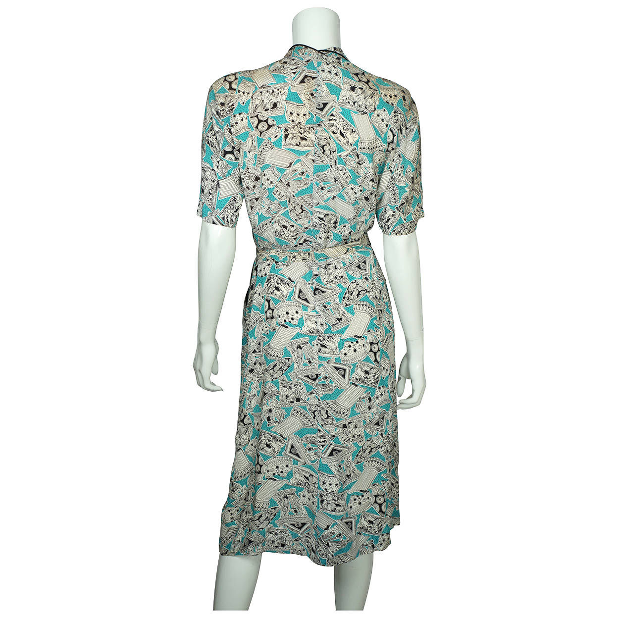 Vintage 1940s Novelty Print Dress Greco Roman Pattern Rayon Crepe Fabric As Is - Poppy's Vintage Clothing