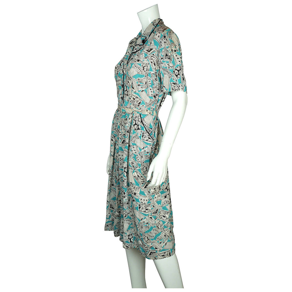 Vintage 1940s Novelty Print Dress Greco Roman Pattern Rayon Crepe Fabric As Is - Poppy's Vintage Clothing