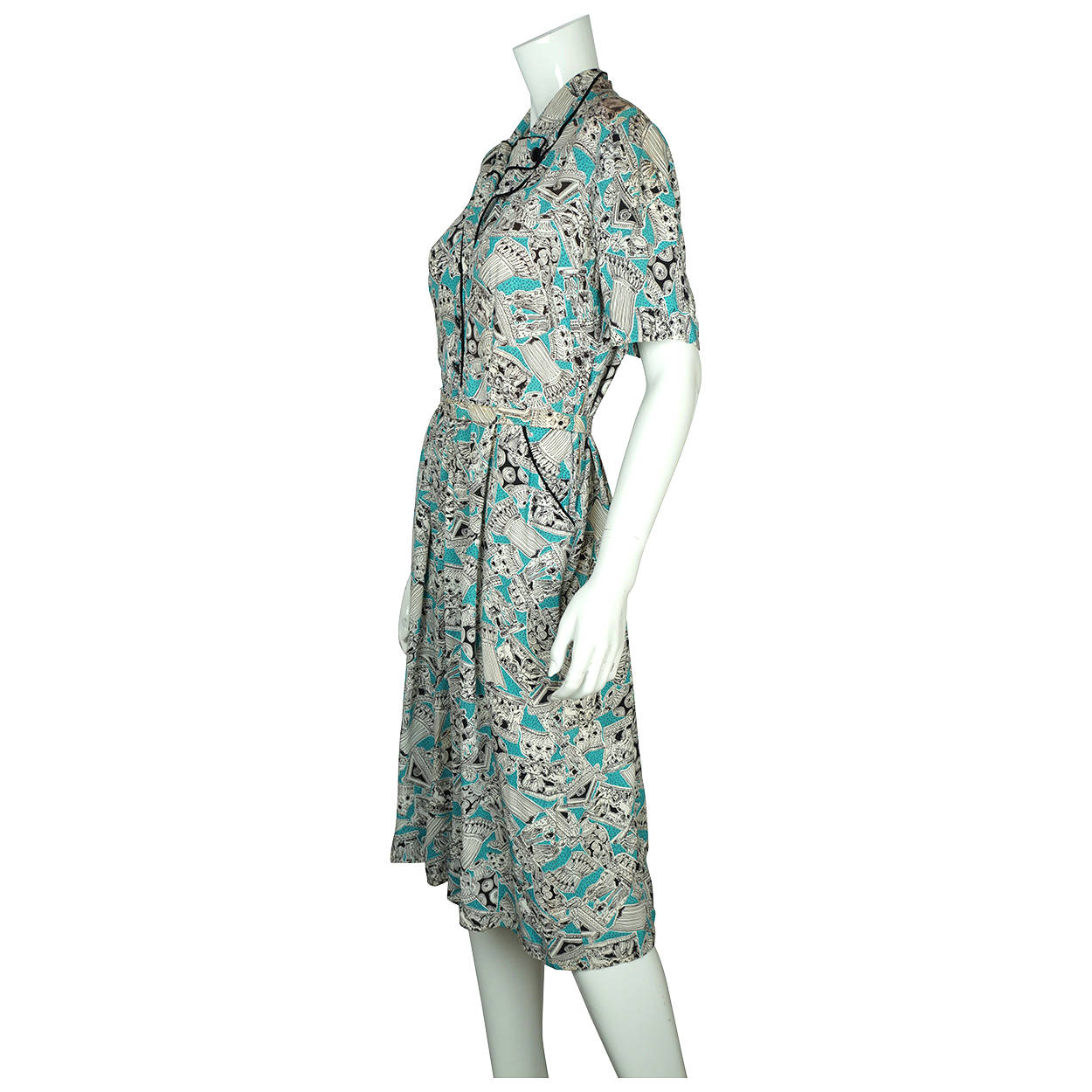 Vintage 1940s Novelty Print Dress Greco Roman Pattern Rayon Crepe Fabric As Is - Poppy's Vintage Clothing