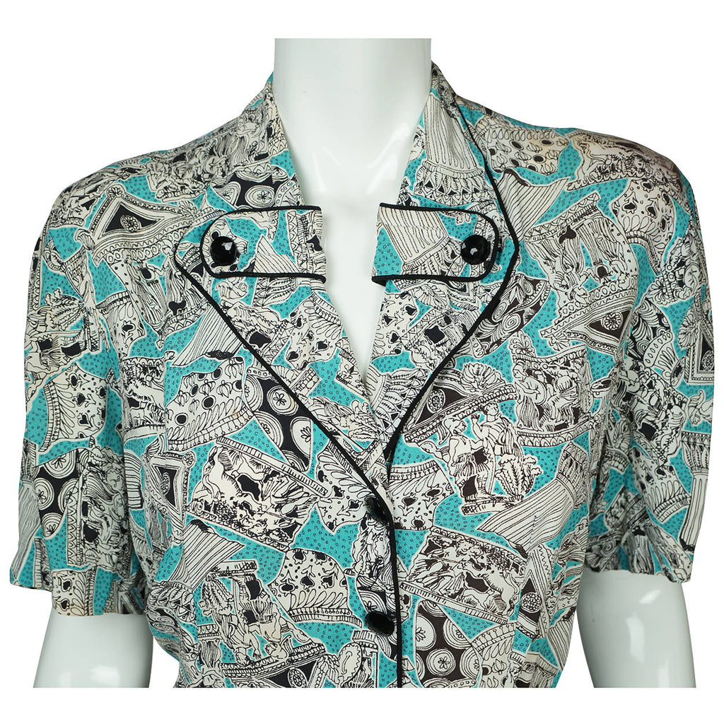 Vintage 1940s Novelty Print Dress Greco Roman Pattern Rayon Crepe Fabric As Is - Poppy's Vintage Clothing