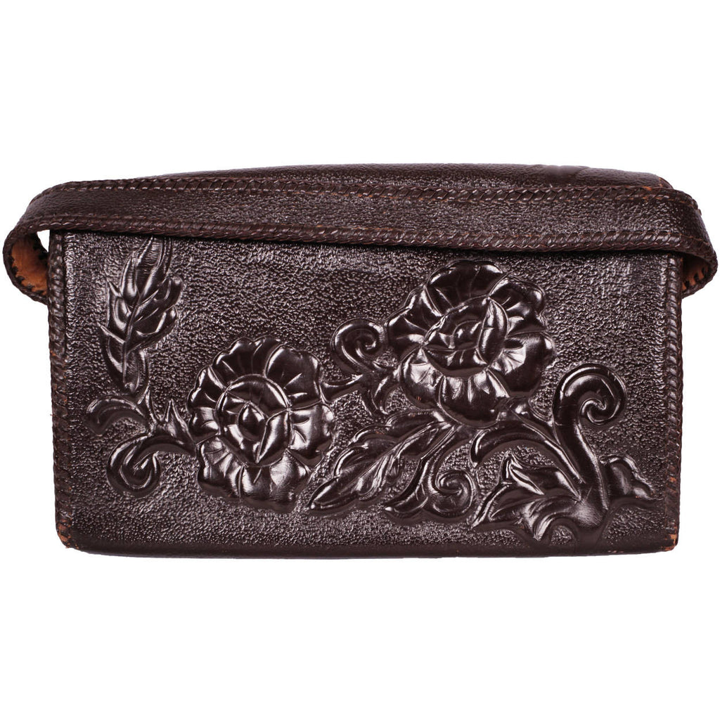 Vintage Hand Tooled Leather Handbag Purse 1940s Rose Motif Monogrammed EC - Poppy's Vintage Clothing