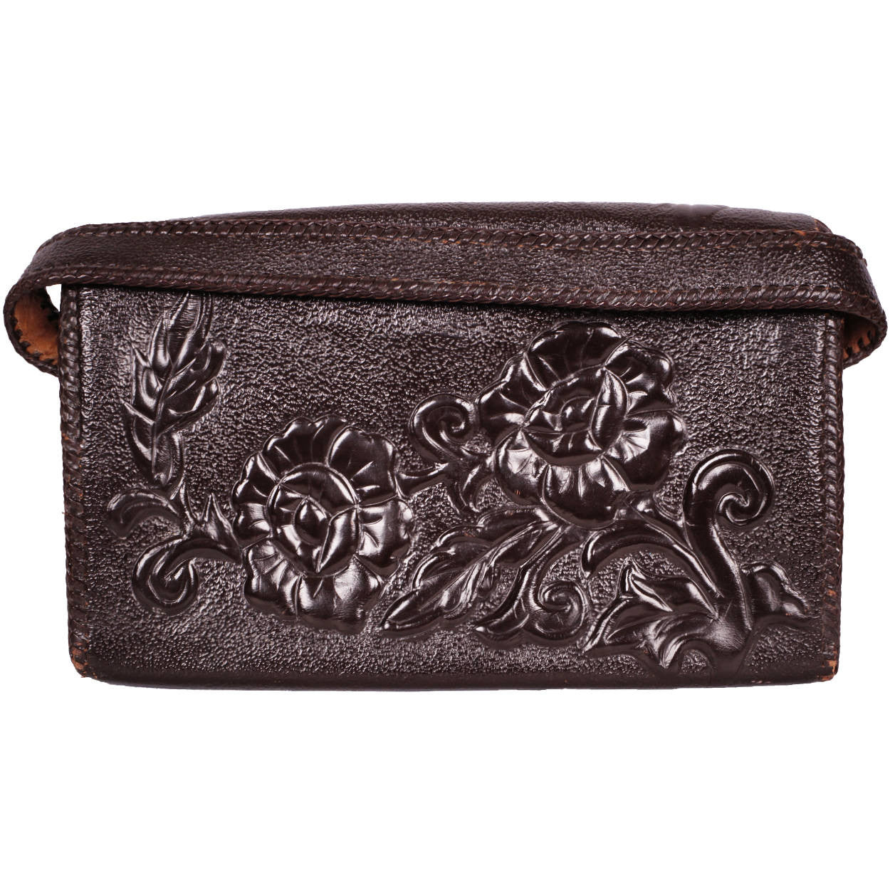 Vintage Hand Tooled Leather Handbag Purse 1940s Rose Motif Monogrammed EC - Poppy's Vintage Clothing