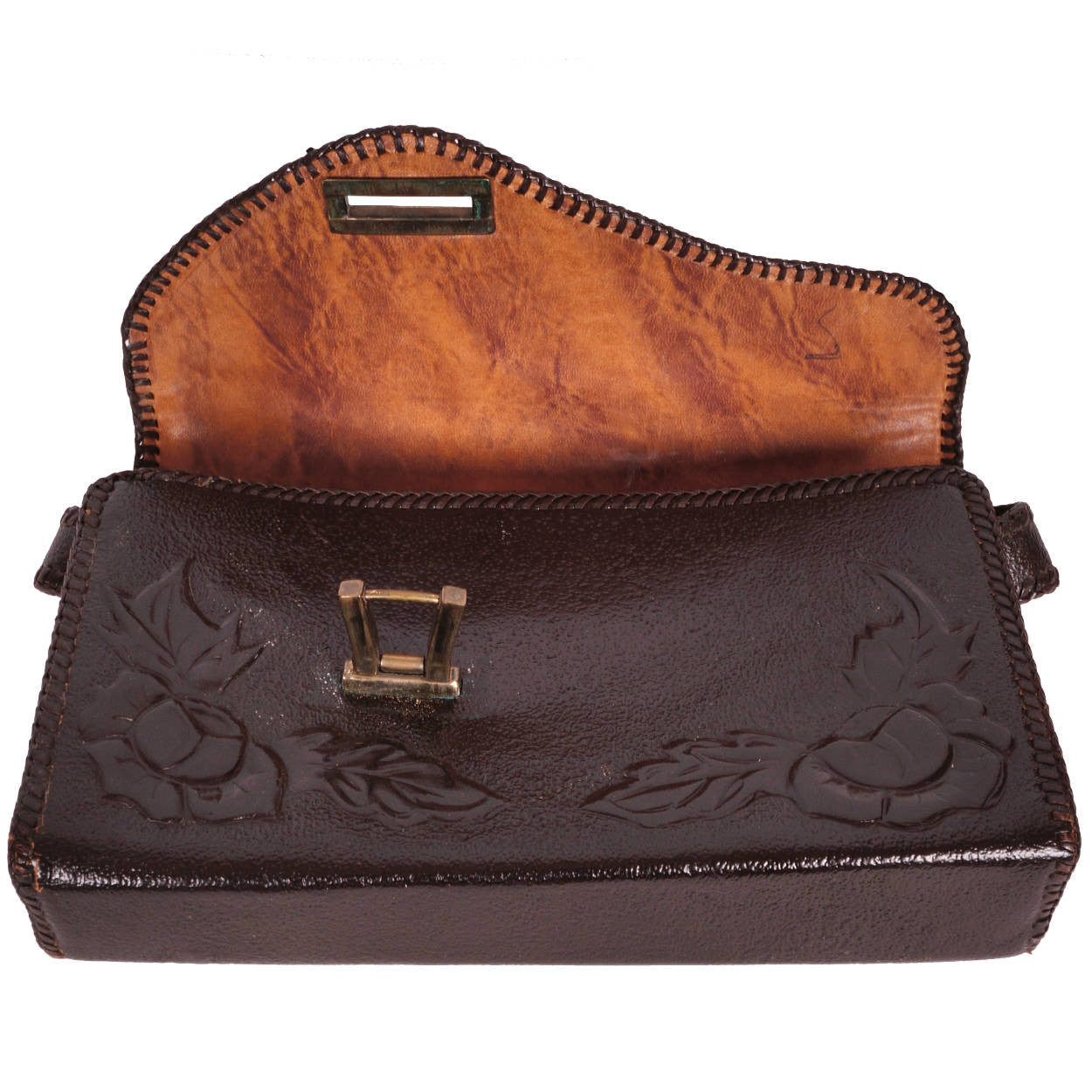 Vintage Hand Tooled Leather Handbag Purse 1940s Rose Motif Monogrammed EC - Poppy's Vintage Clothing