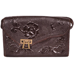 Vintage Hand Tooled Leather Handbag Purse 1940s Rose Motif Monogrammed EC - Poppy's Vintage Clothing