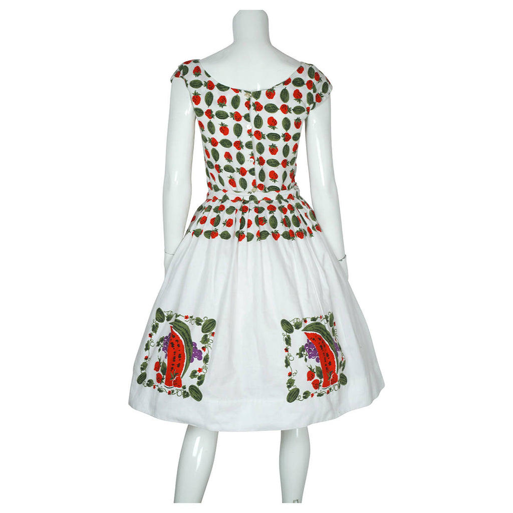 Vintage 1950s Top & Skirt Set Strawberry & Watermelon Print 2 Piece Cotton Pique - Poppy's Vintage Clothing