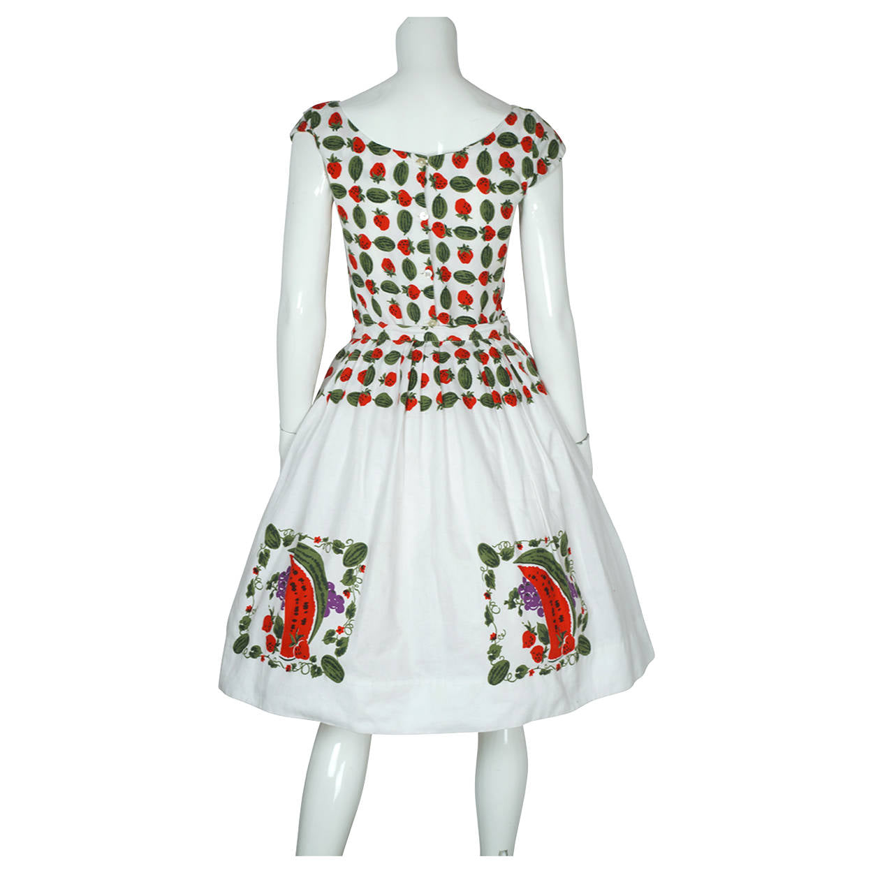 Vintage 1950s Top & Skirt Set Strawberry & Watermelon Print 2 Piece Cotton Pique - Poppy's Vintage Clothing